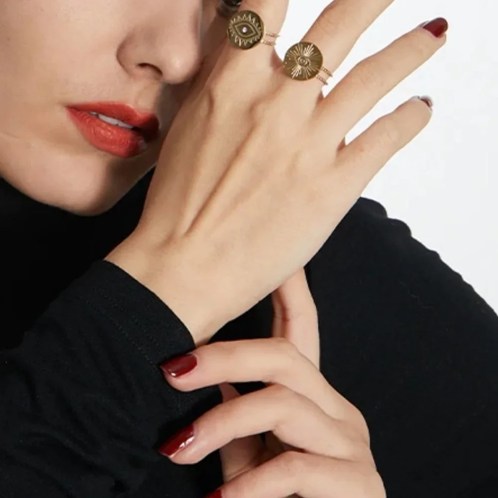 New 18K Gold Plated Diamond Eye Adjustable Ring - Picture 2 of 7